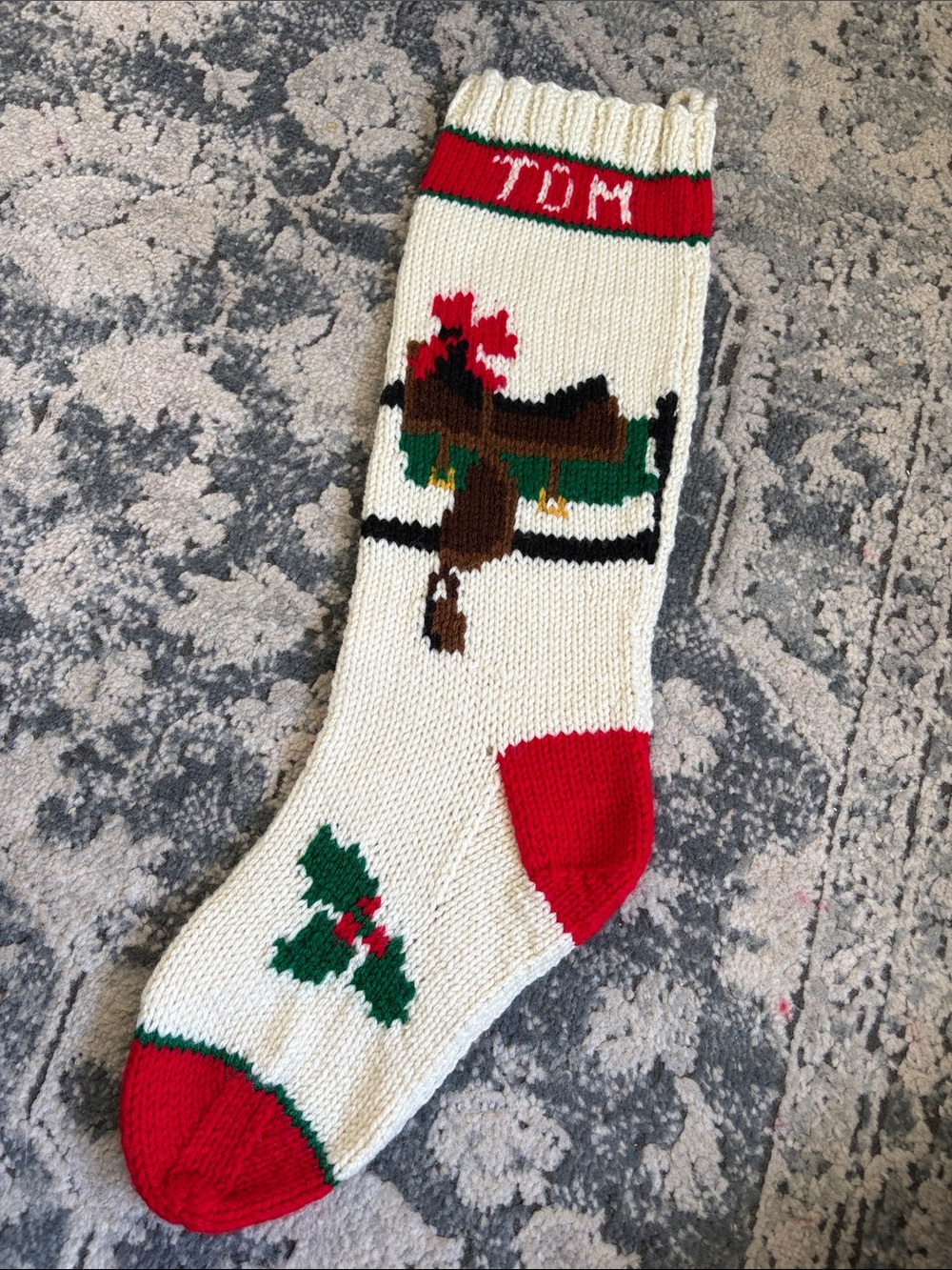 Vintage Hand-Knit Holiday Stocking with Reindeer and Holly - Cream and Red